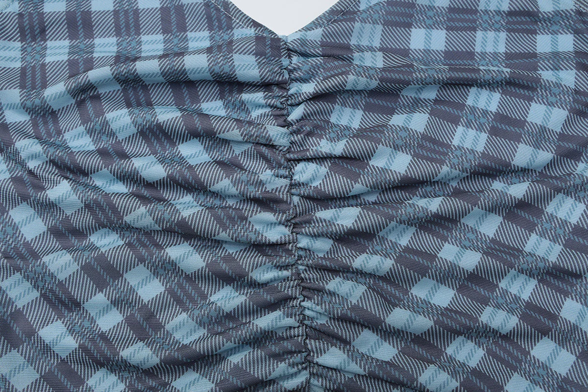 Halter u neck plaid ruched backless top - Image 6