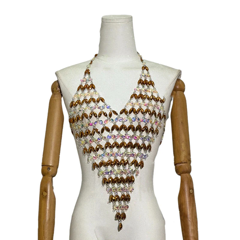 Halter v neck beaded hollow out backless top