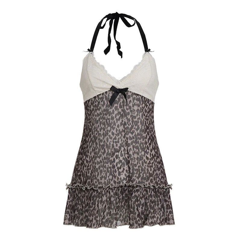 Halter v neck bowknot leopard print mesh mini dress