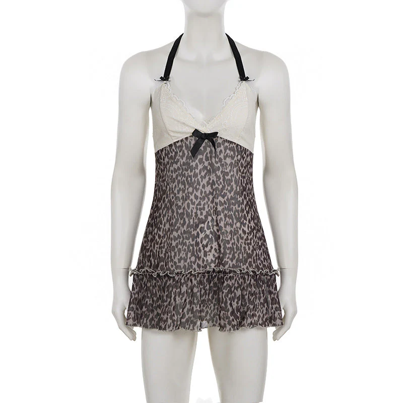 Halter v neck bowknot leopard print mesh mini dress - Image 2