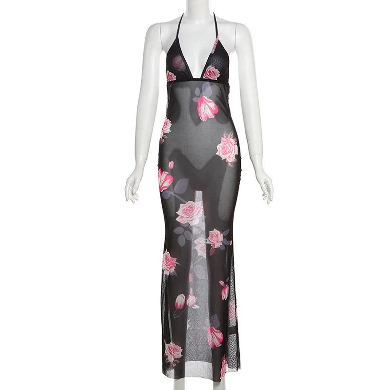 Halter v neck flower print see through maxi dress - Image 2