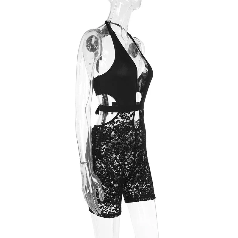 Halter v neck hollow out lace self tie romper - Image 4