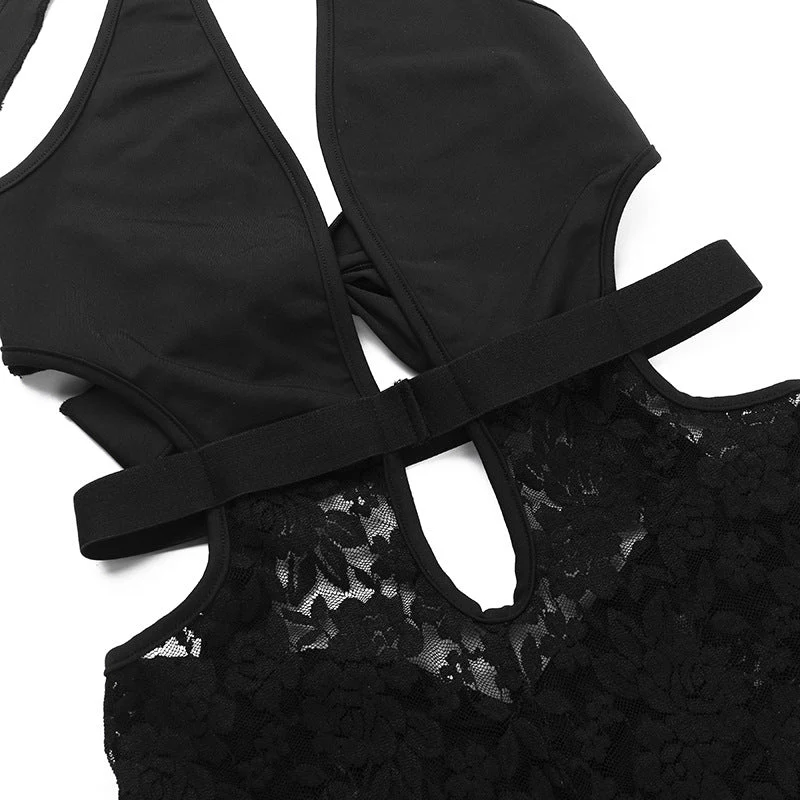 Halter v neck hollow out lace self tie romper - Image 7