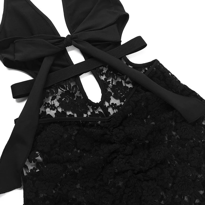 Halter v neck hollow out lace self tie romper - Image 8
