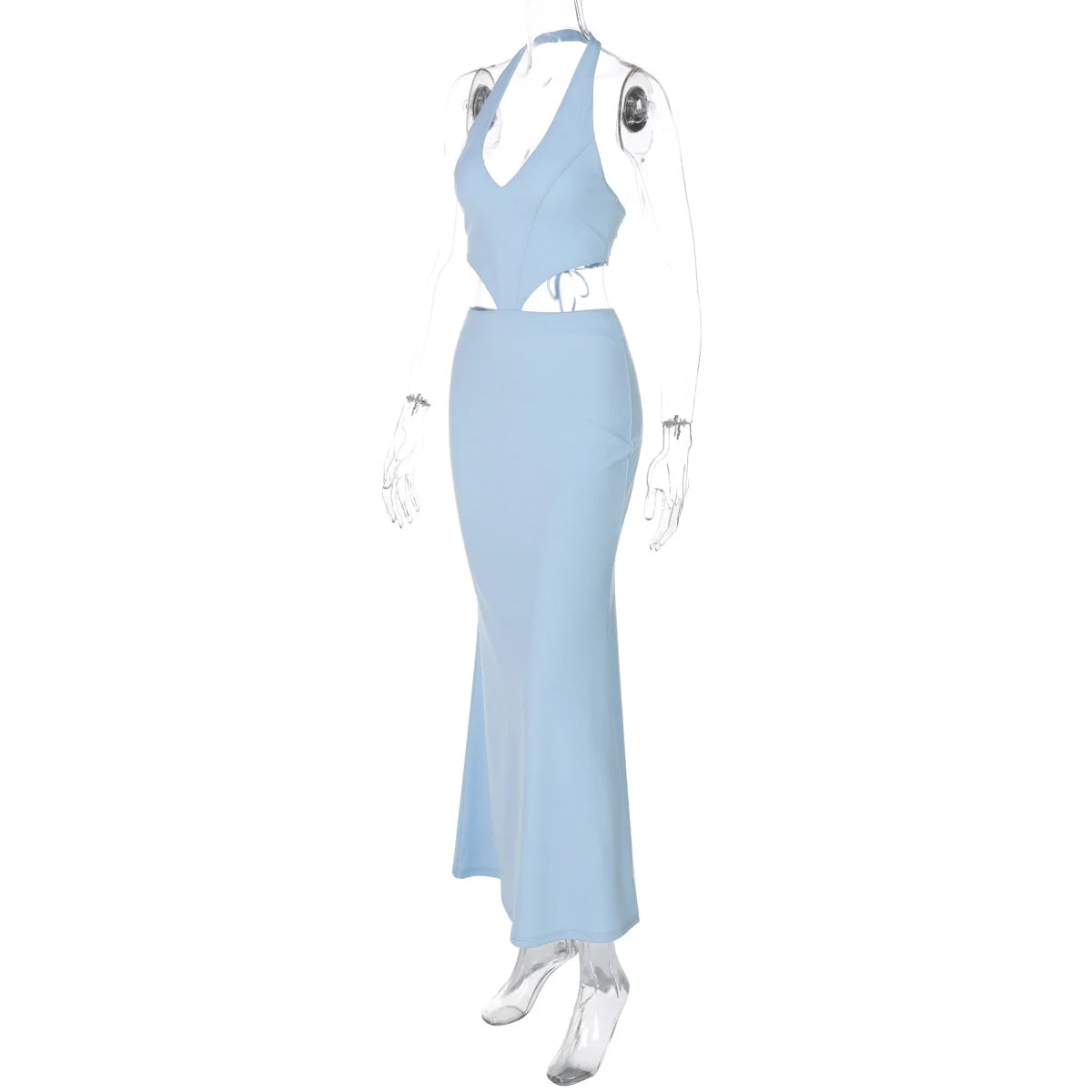 Halter v neck hollow out lace up maxi dress - Image 3