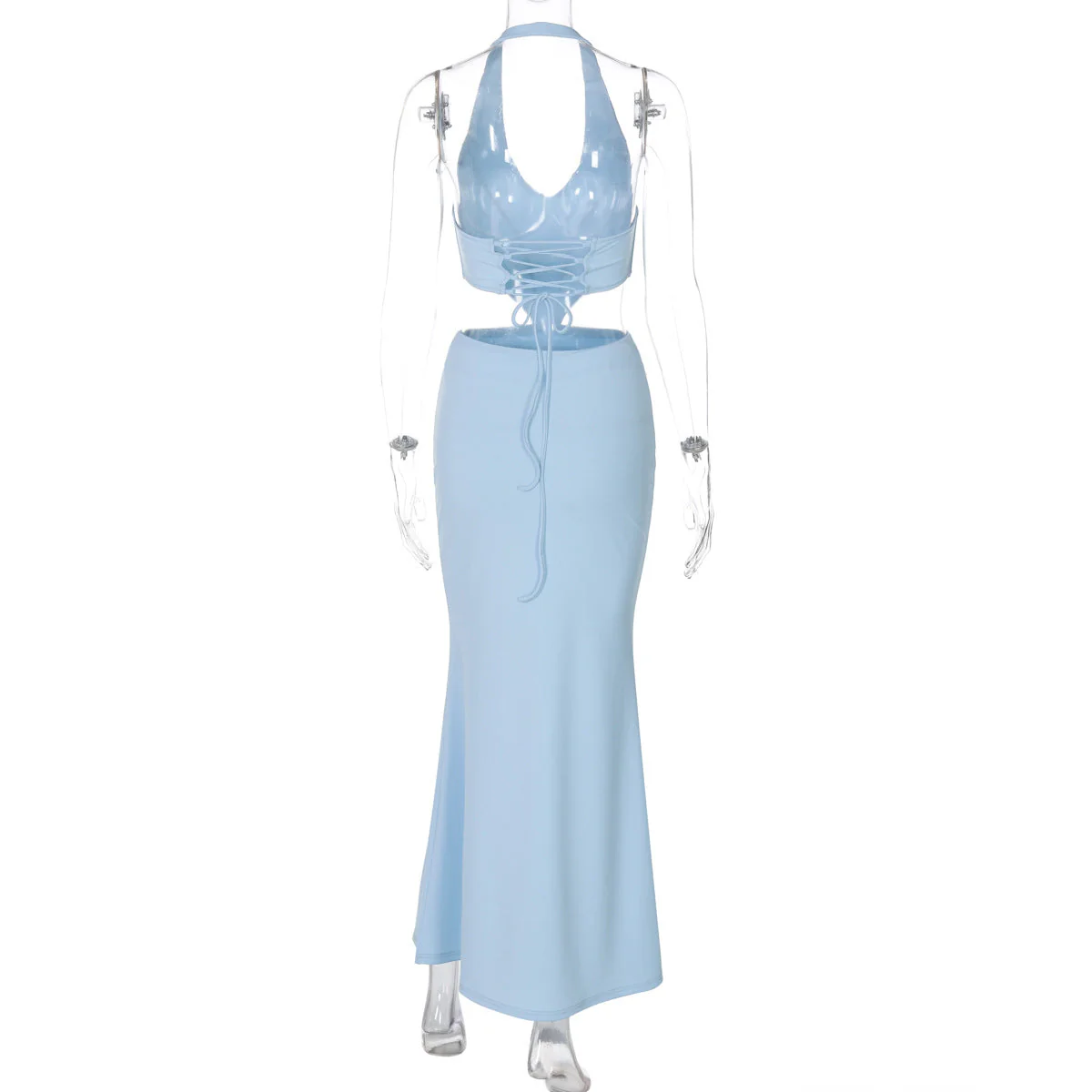 Halter v neck hollow out lace up maxi dress - Image 4