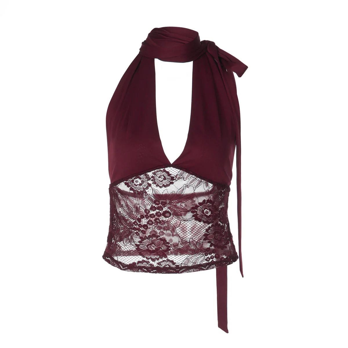 Halter v neck lace self tie backless top - Image 3