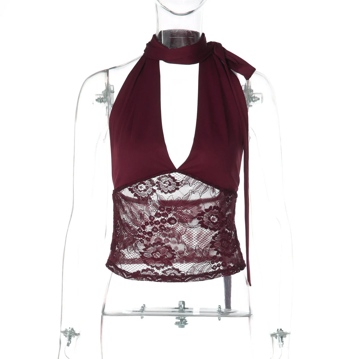 Halter v neck lace self tie backless top - Image 5
