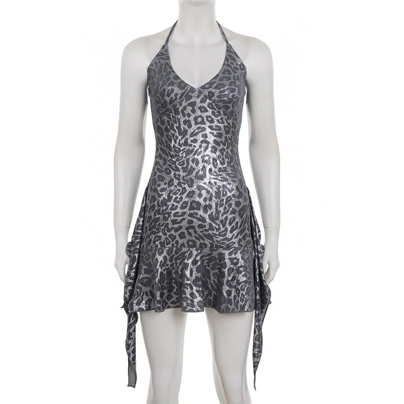 Halter v neck leopard print ruffle mini dress - Image 2