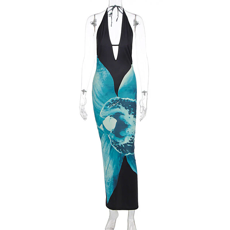 Halter v neck print backless maxi dress - Image 2