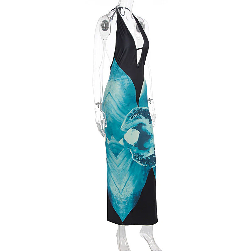 Halter v neck print backless maxi dress - Image 3