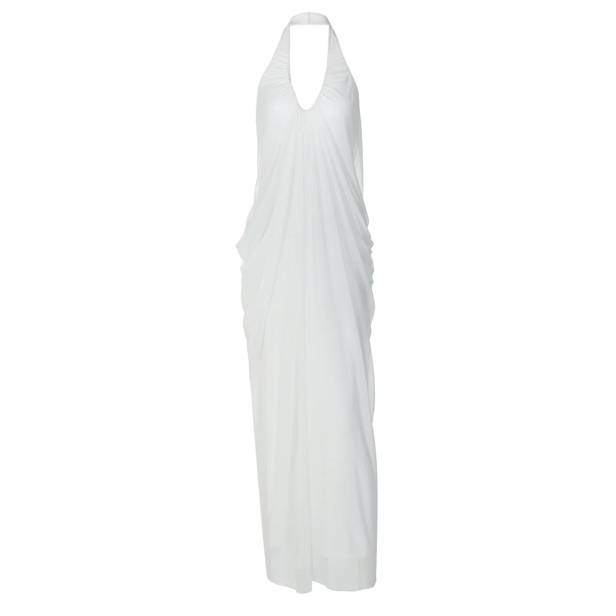 Halter v neck ruched backless mesh maxi dress