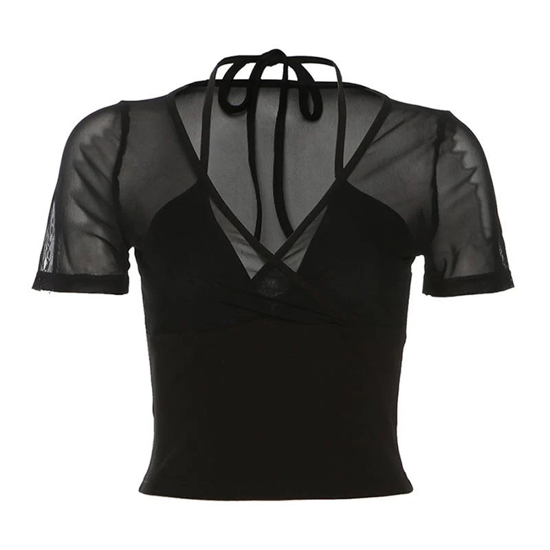 Halter v neck short sleeve mesh cross front top - Image 2