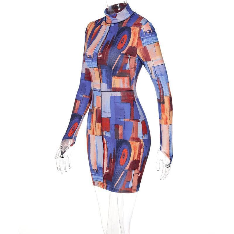 High neck printed mini dress cyberpunk Sci-Fi Fashion - Image 2