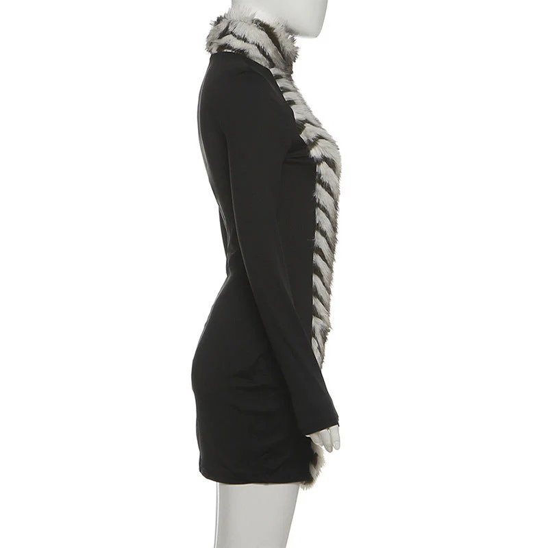 High neck fluffy long sleeve zip-up mini dress - Image 3
