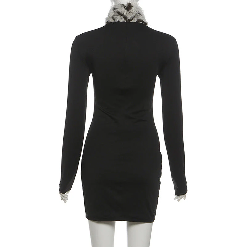 High neck fluffy long sleeve zip-up mini dress - Image 4