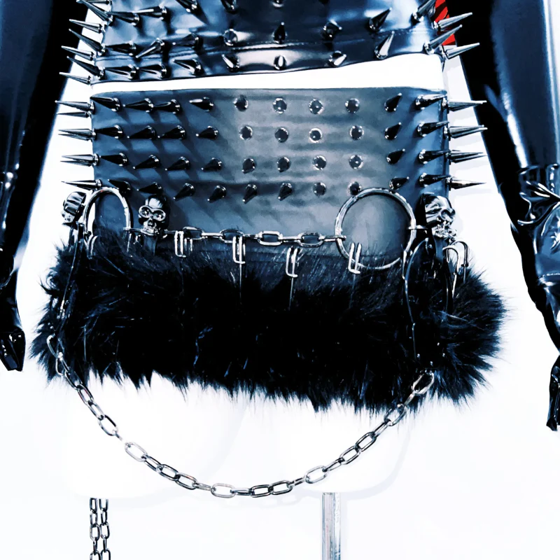 High neck hollow out PU leather rivet applique top - Image 3