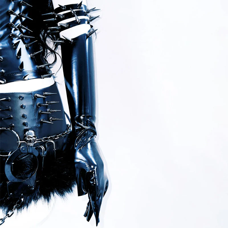 High neck hollow out PU leather rivet applique top - Image 4
