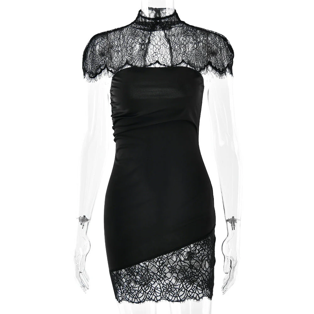 High neck lace ruched irregular 2 piece mini dress - Image 2