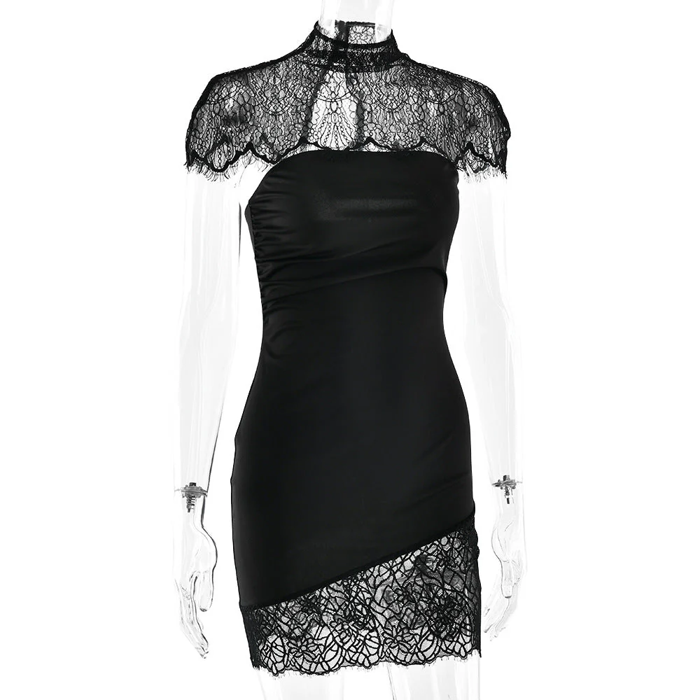 High neck lace ruched irregular 2 piece mini dress - Image 3