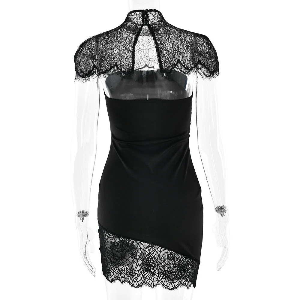 High neck lace ruched irregular 2 piece mini dress - Image 4