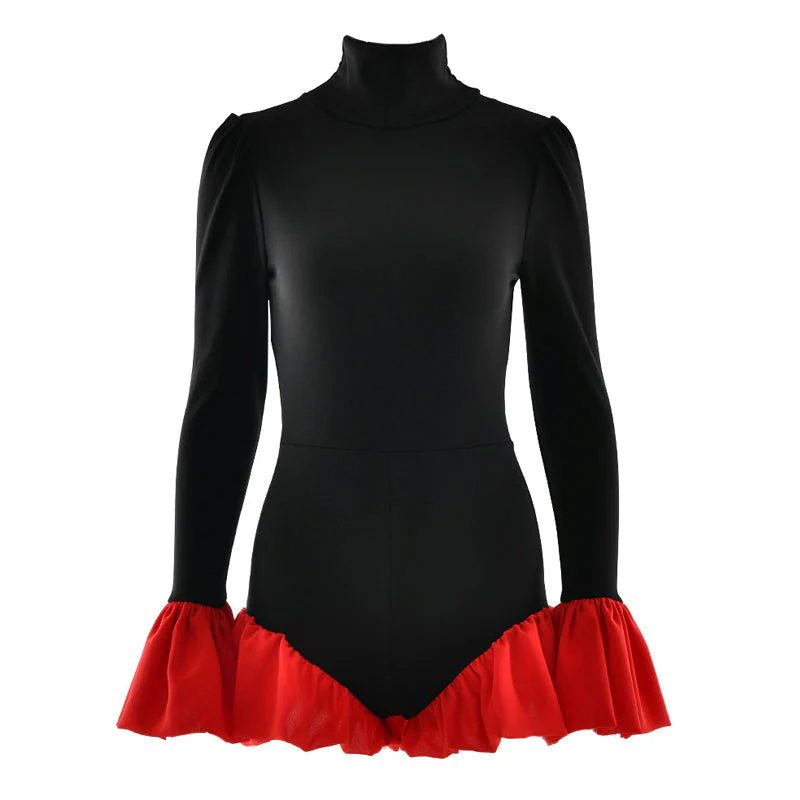 High neck long flared sleeve zip-up contrast romper - Image 2