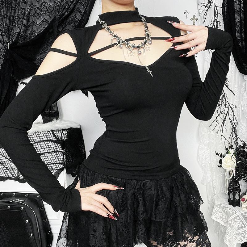 High neck long sleeve hollow out cross metal top - Image 2