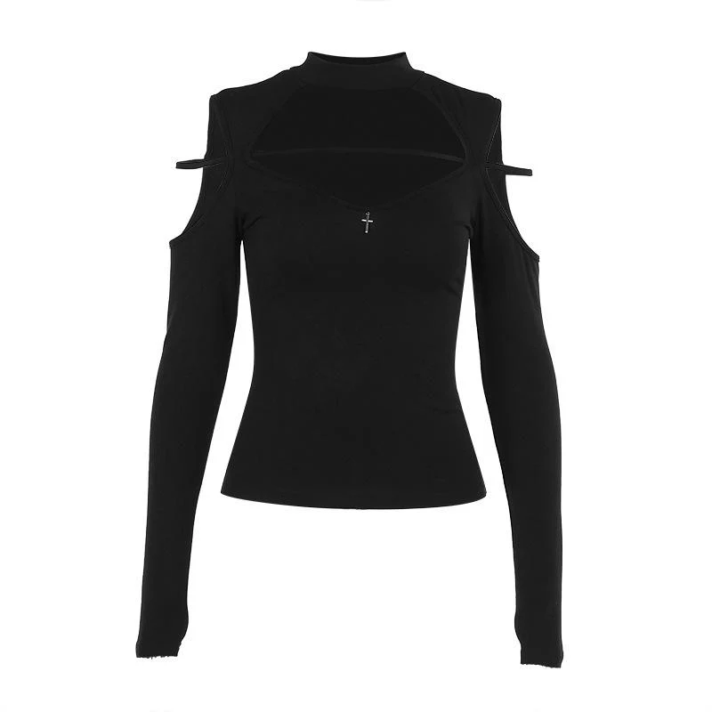High neck long sleeve hollow out cross metal top - Image 4