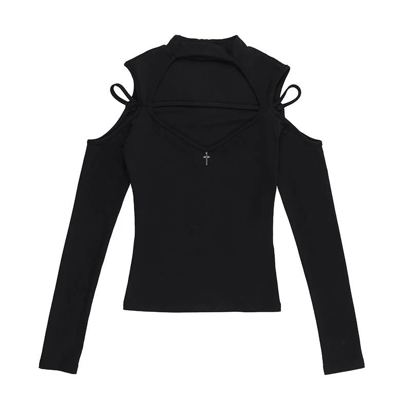 High neck long sleeve hollow out cross metal top - Image 6