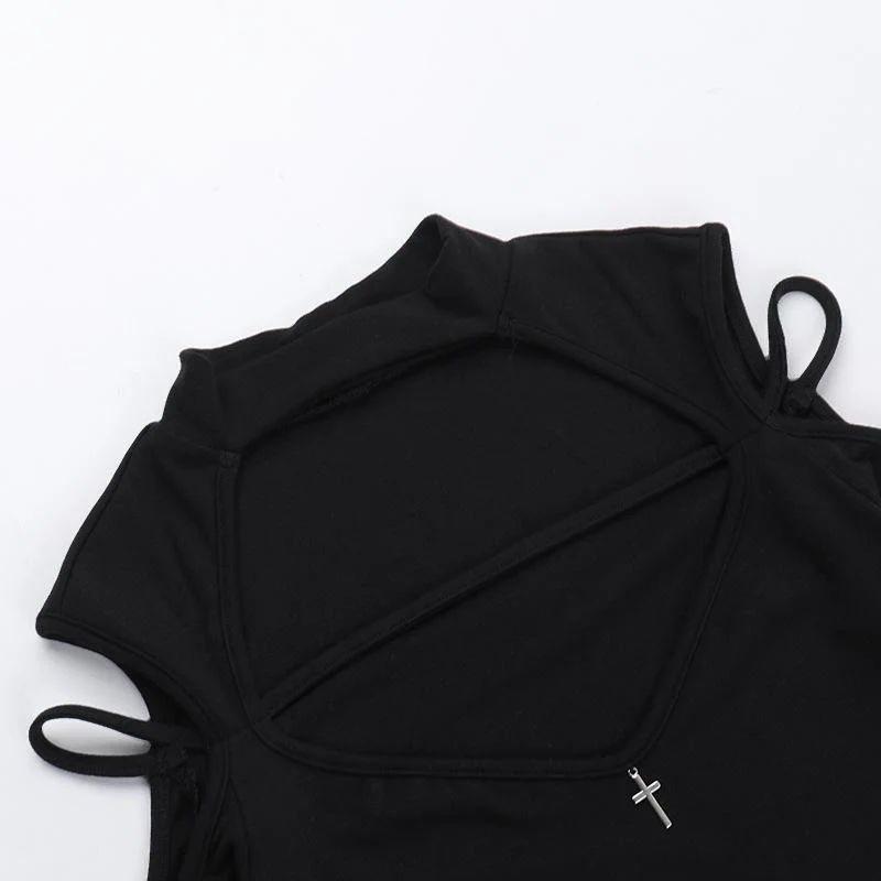High neck long sleeve hollow out cross metal top - Image 7