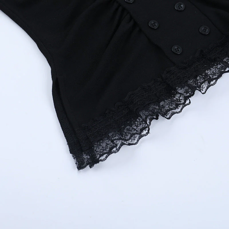 High neck long sleeve hollow out lace hem button top - Image 4