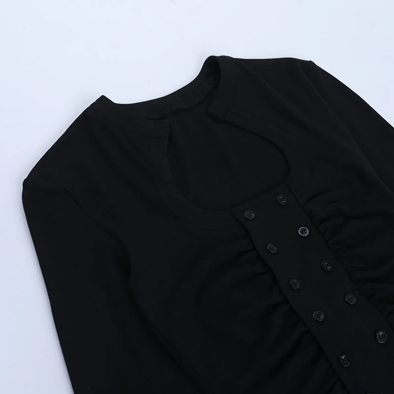 High neck long sleeve hollow out lace hem button top - Image 5