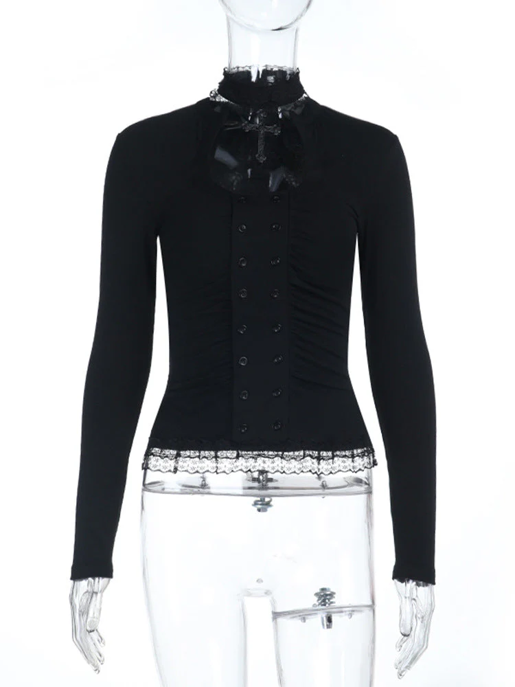 High neck long sleeve hollow out lace hem button top - Image 7