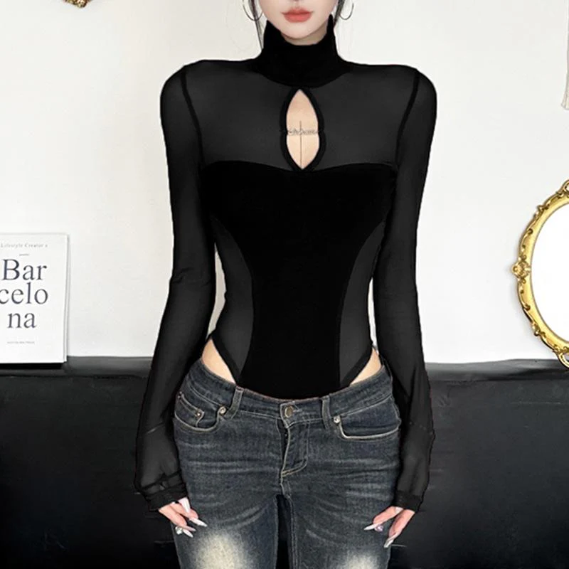 High neck long sleeve mesh hollow out bodysuit - Image 2