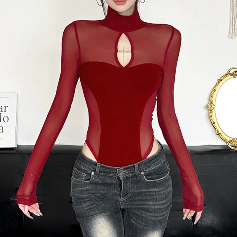 High neck long sleeve mesh hollow out bodysuit - Image 3