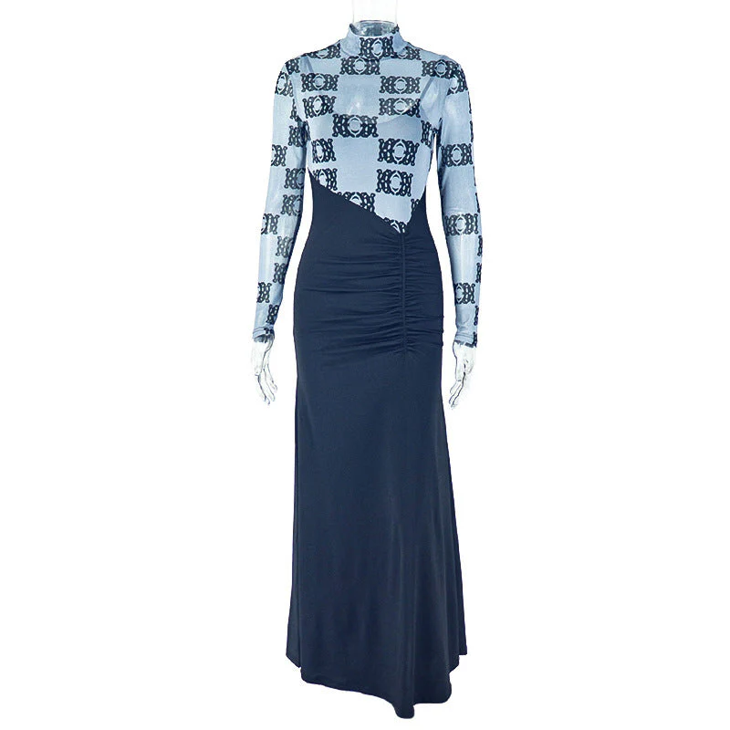 High neck long sleeve ruched print maxi dress - Image 2
