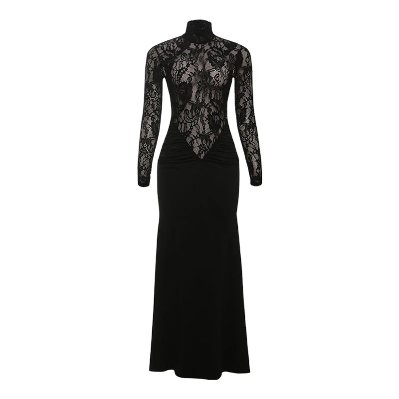 High neck long sleeve zip-up ruched maxi dress