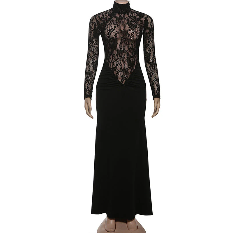 High neck long sleeve zip-up ruched maxi dress - Image 2