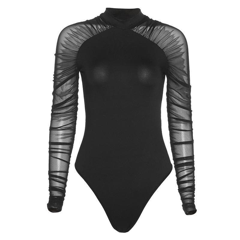 High neck mesh see-through ruched bodysuit y2k 90s Revival Techno Fashion