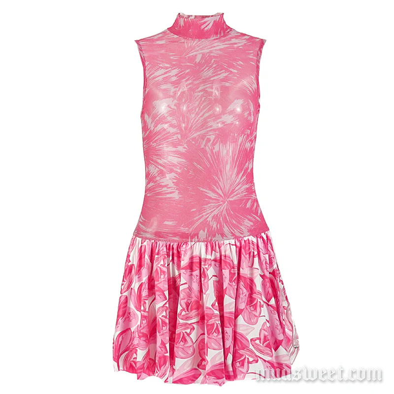 High neck ruched print mesh mini dress