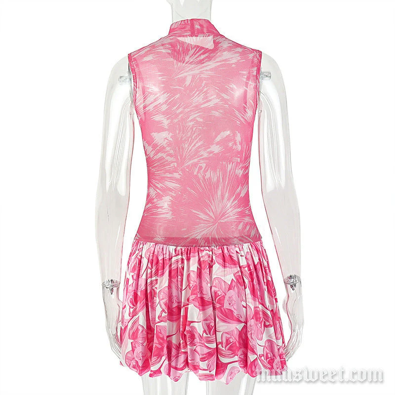 High neck ruched print mesh mini dress - Image 4