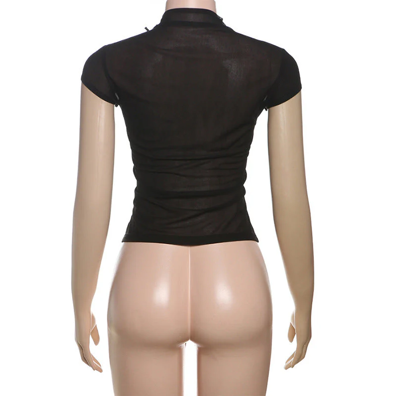 High neck short sleeve flower applique button top - Image 4