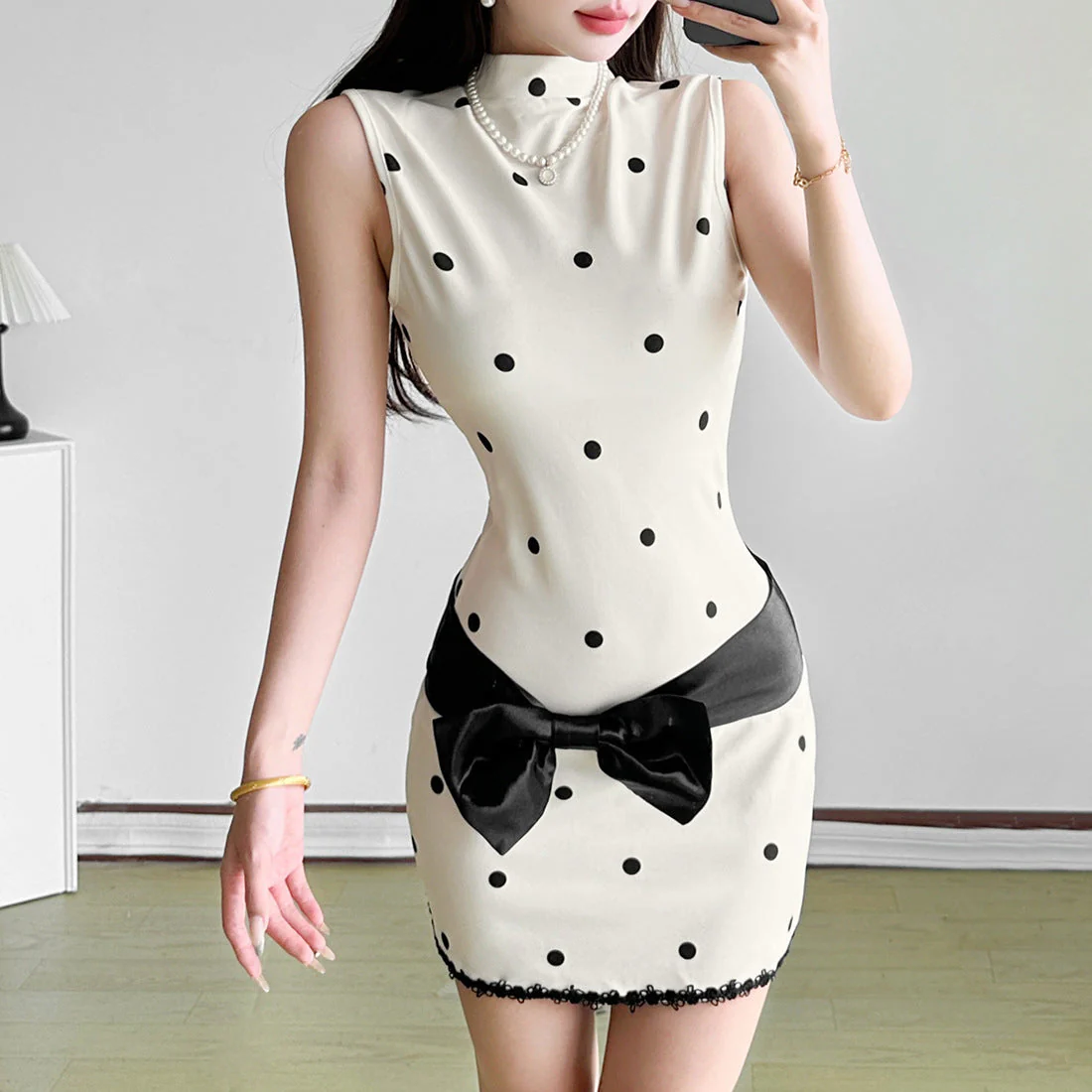 High neck sleeveless polka dot bowknot mini dress - Image 2