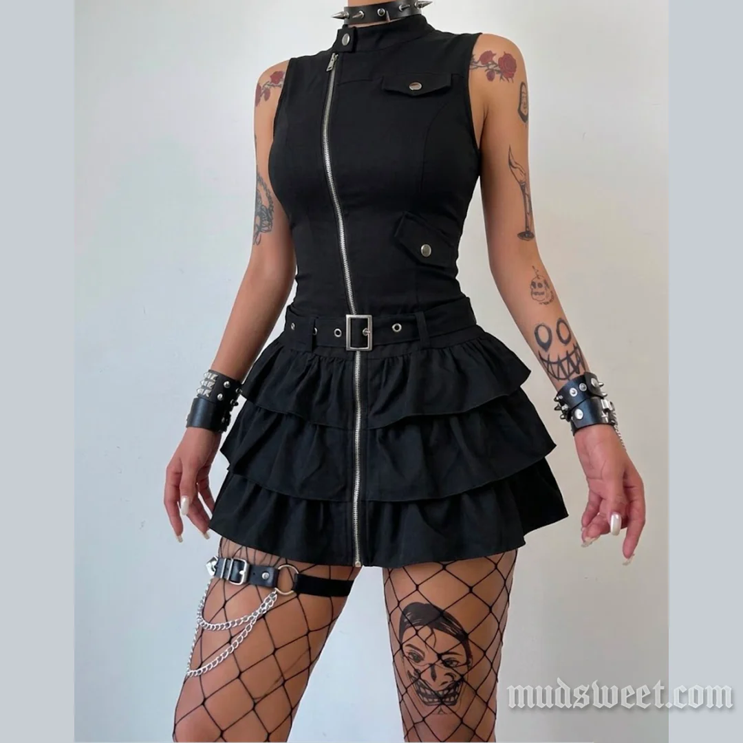 High sleeveless neck zip-up ruffle mini dress