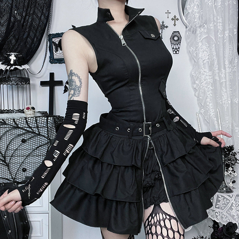 High sleeveless neck zip-up ruffle mini dress - Image 2