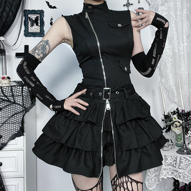 High sleeveless neck zip-up ruffle mini dress - Image 4