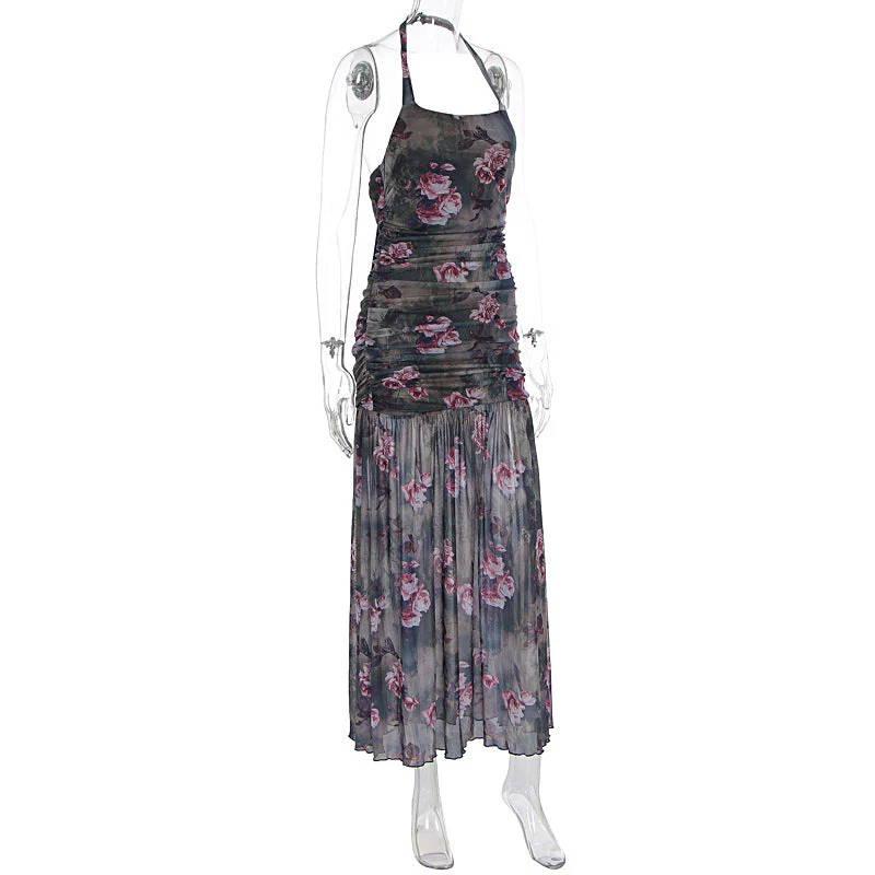 Halter flower print mesh ruched maxi dress - Image 3