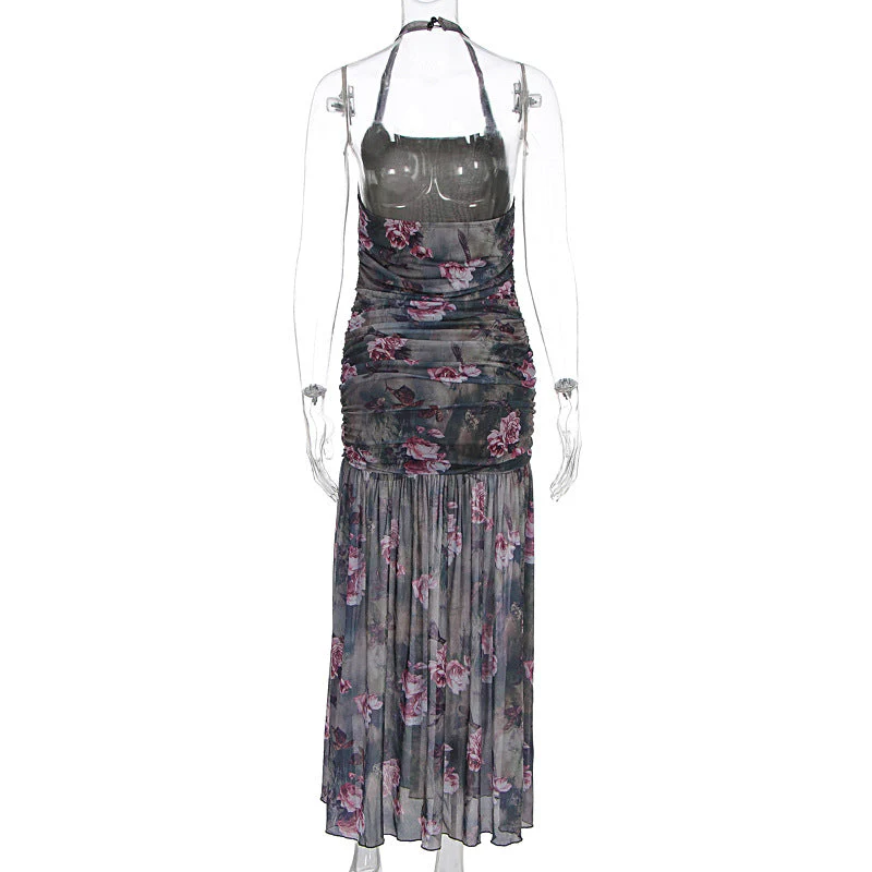 Halter flower print mesh ruched maxi dress - Image 4