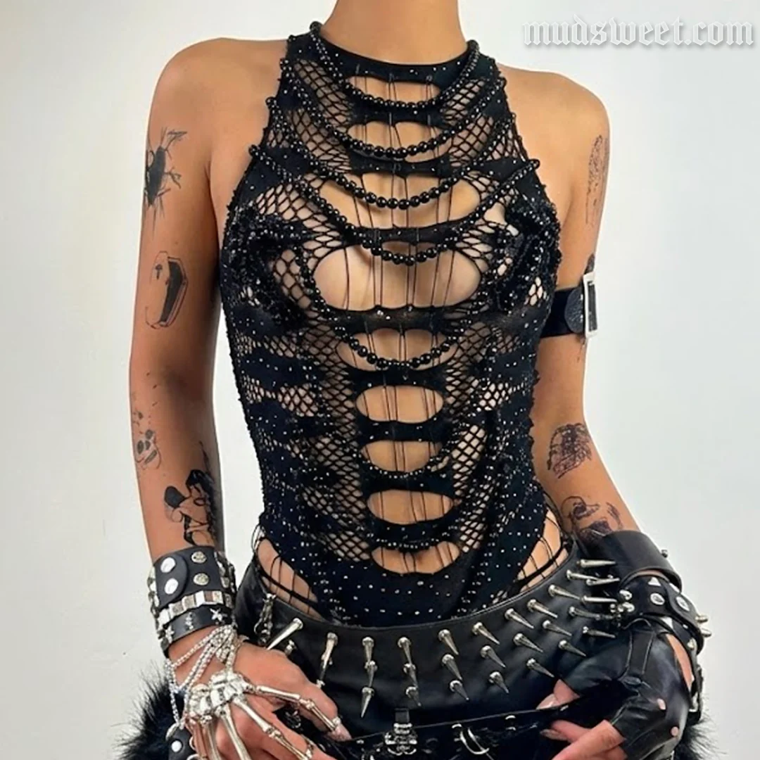 Hollow out beaded sleeveless see through bodysuit