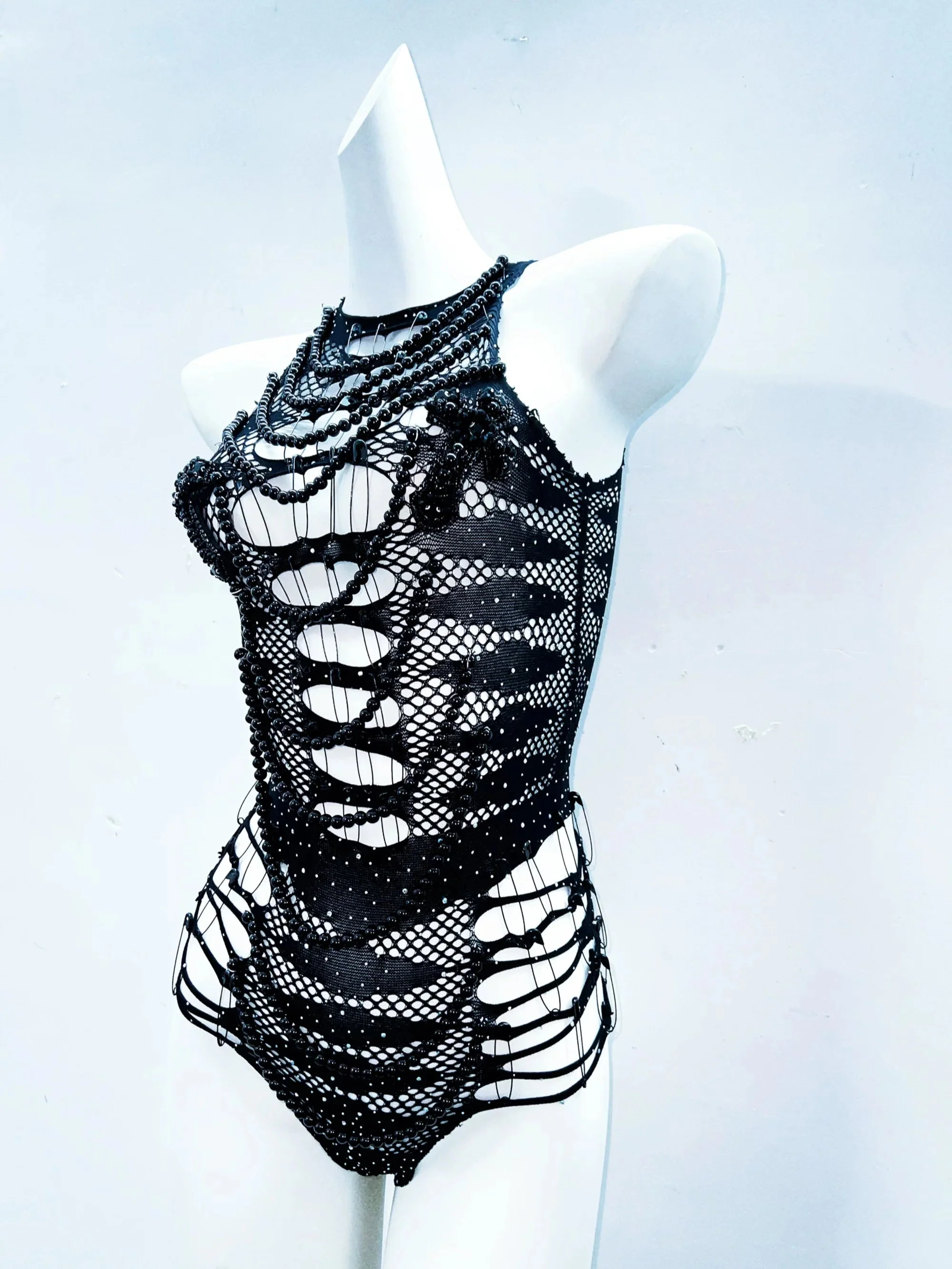Hollow out beaded sleeveless see through bodysuit - Image 6
